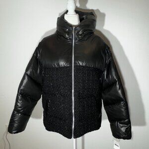 NWT BCBG MAX AZRIA Black Tweed Padded Zip Up Hooded Coat - XL